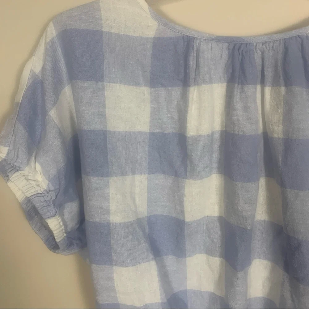 Madewell Linen Blend Split Back Tie Gingham Check Blouse - Picture 4 of 14